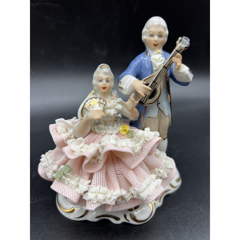 Antique German DRESDEN Lace Porcelain Courting Couple Figurines 4.5"x 4"x 2.25"